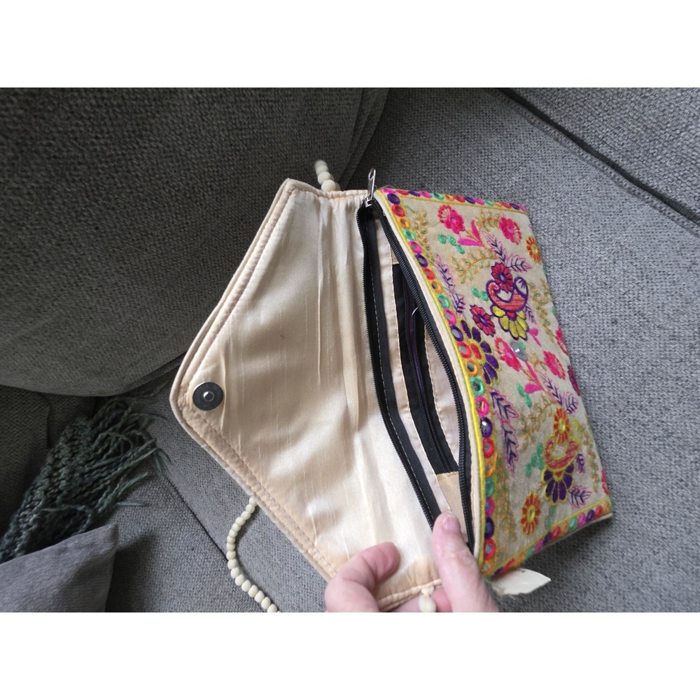 Embroidered Crossbody Bag Elephant PomPom Strap Boho Festival Purse - Picture 6 of 14